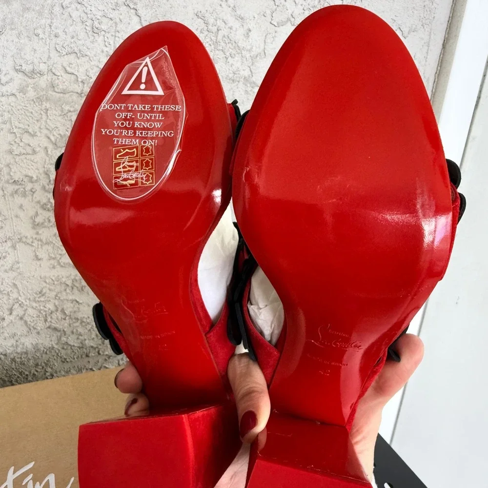 Christian Louboutin Tres Pansy 85 Suede Sandals Womens 42 Red Black Brand NEW - Picture 7 of 12